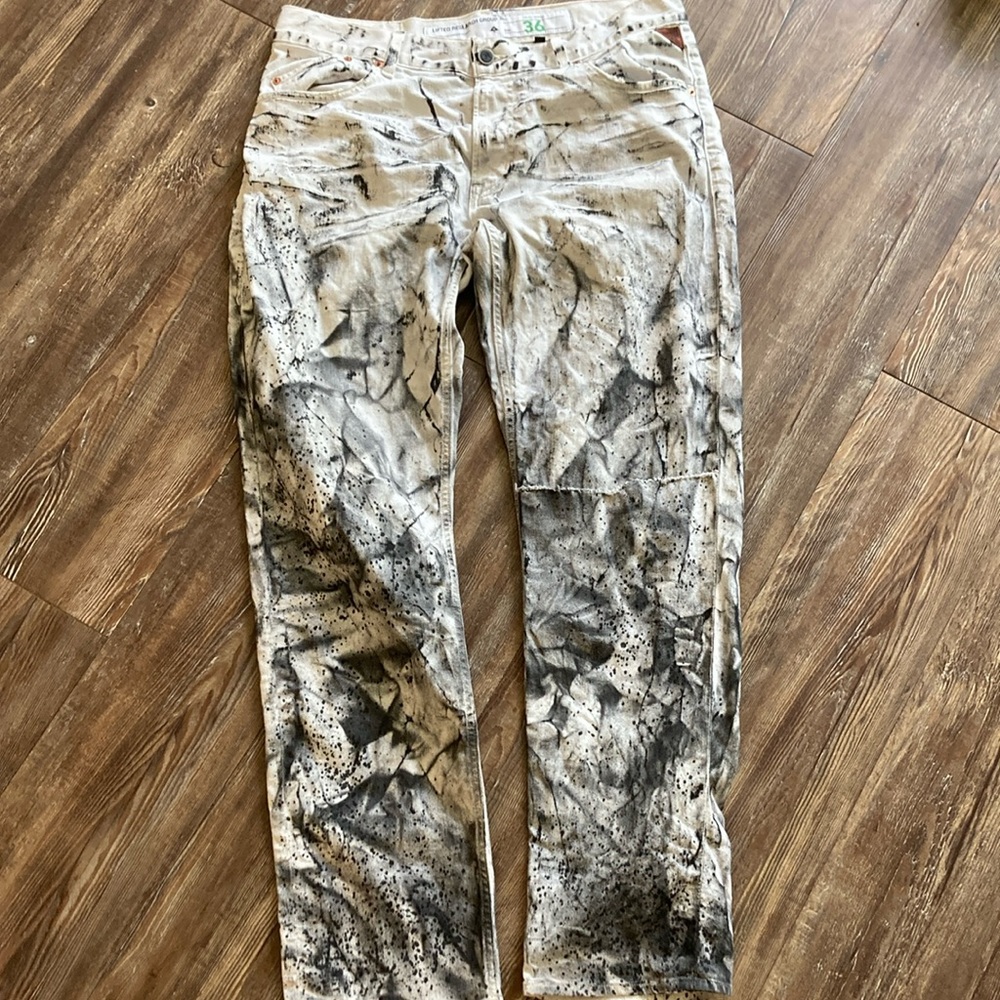 LRG jeans, white with black splatter all over